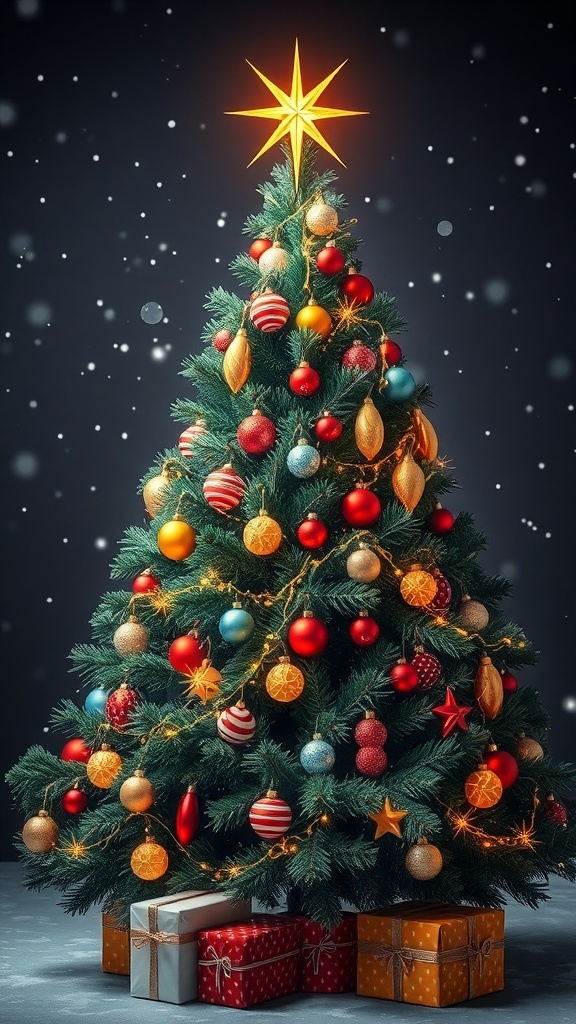 Festive wallpaper design of a Christmas tree with ornaments and lights, surrounded by gifts and snowflakes.